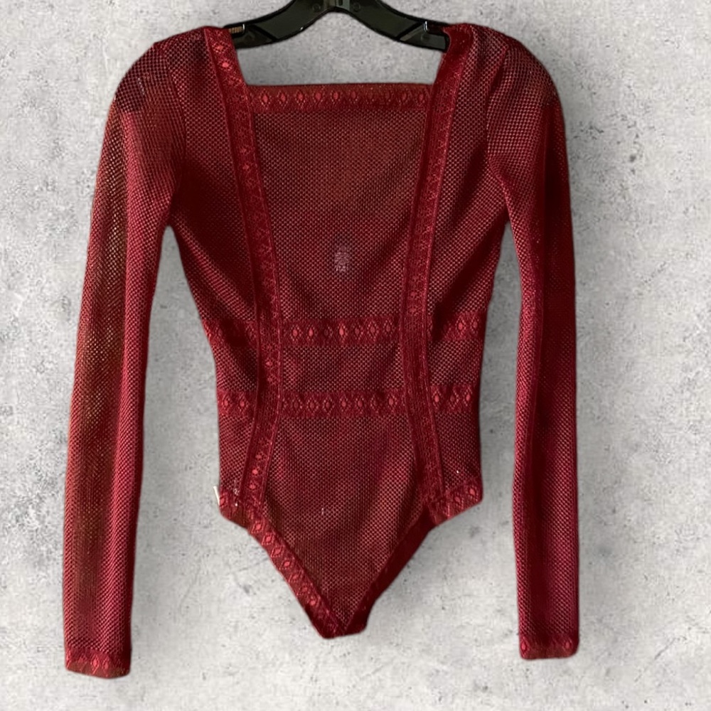 Victoria’s Secret Beautiful Long Sleeved Lace Netting Burgundy Bodysuit G-String
